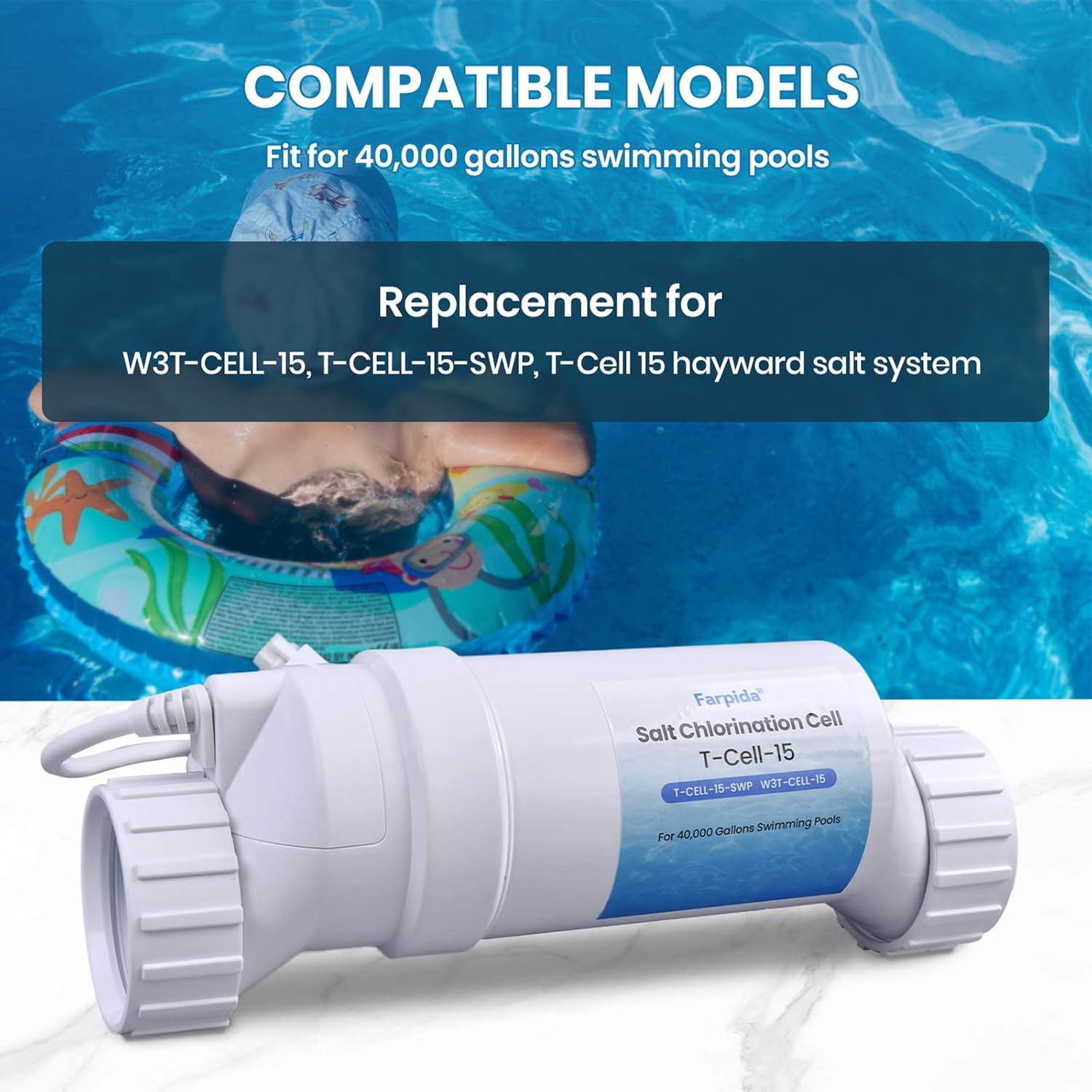 W3T-CELL-15 Salt ChIorination Cell Fits for Hayward for In-Ground Swimming Pools up to 40,000 Gallons Replace T-Cell 15, T-CELL-15-SWP (Requires Software r1.5 or Newer to be Compatible)