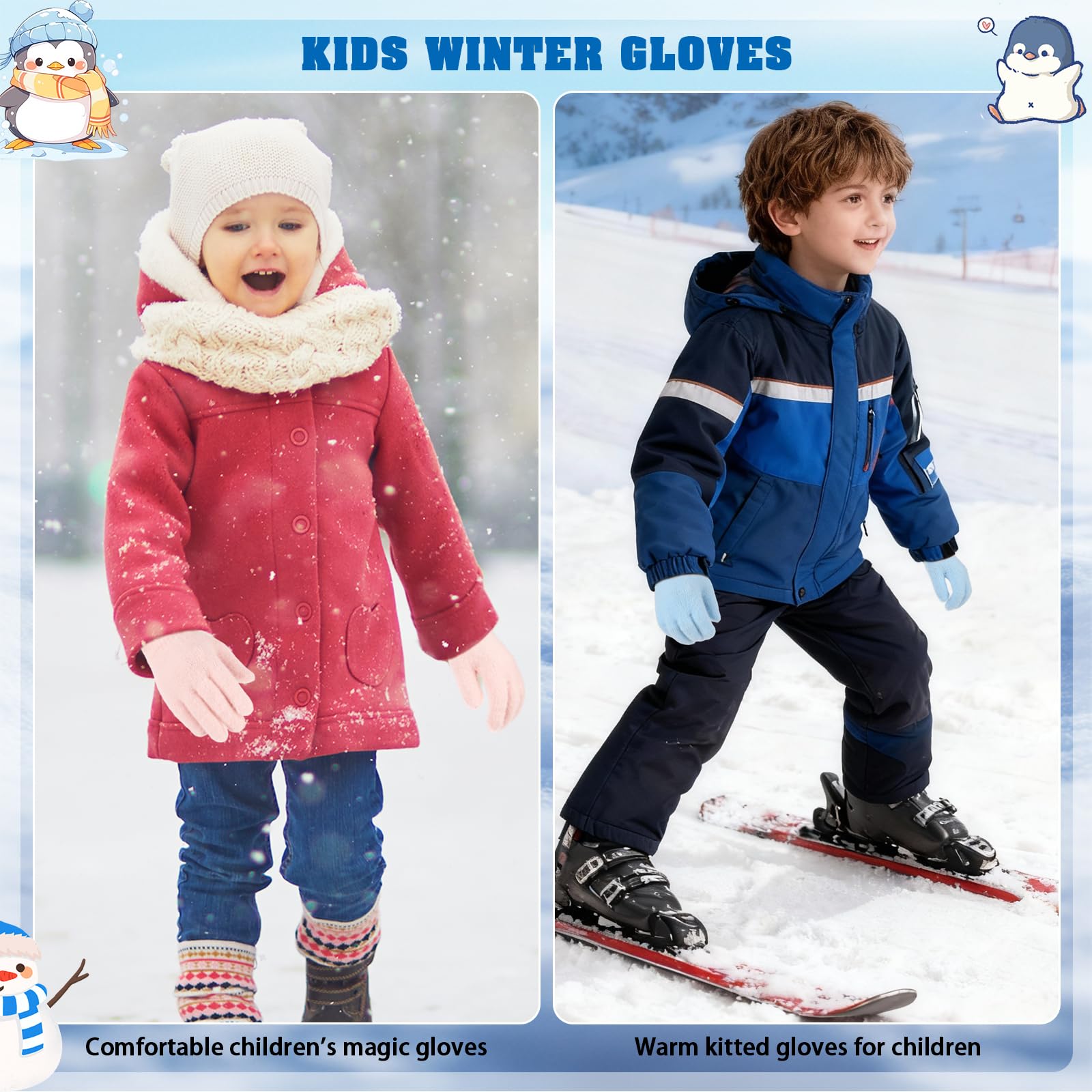 QKURT 6 Pares de Guantes Cálidos de Invierno para Niños, Guantes Infantiles de Colores Lisos con Dedos Completos, Guantes Elásticos de Invierno para Niños y Niñas de 4 a 10 años