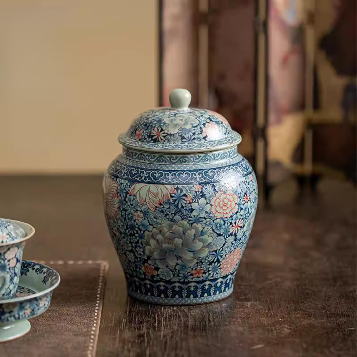 Ru Kiln Blue and White Porcelain Tea Canister, 900ml 30.6oz, Chinese Retro Style Ceramics Sealed Jar Storage Tank Storing Tea Cans