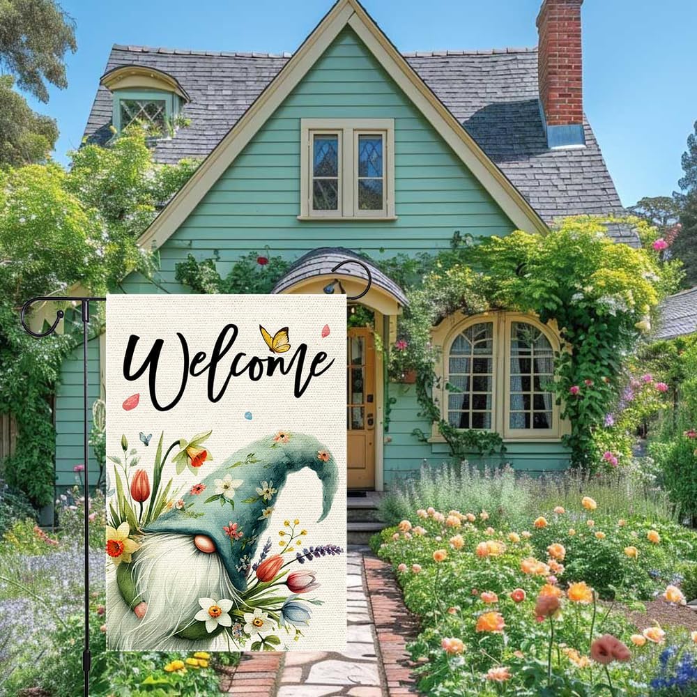 Welcome Spring Summer Tulip Garden Flag Flowers Butterfly Garden Flags 12x18 Inch Burlap Double Sided Gnome Colorful Floral Small Lawn Yard Outside Rustic Farmhouse Holiday Decorations Flags - Image 9