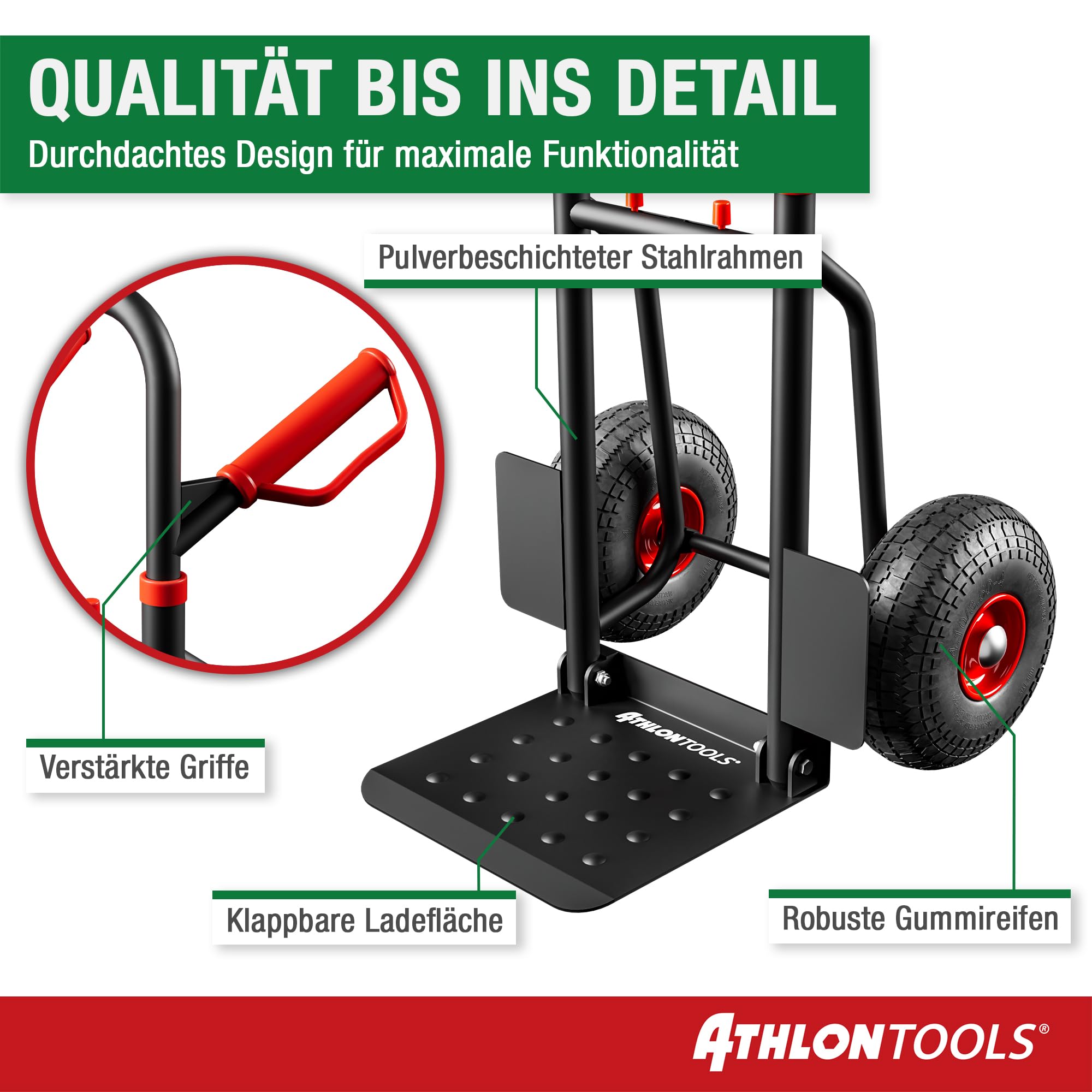ATHLON TOOLS Schwerlast Sackkarre Vollgummireifen 200kg – Stahlrahmen mit luftgefüllten Reifen, große Räder leichtgängig & stoßarm, platzsparend zusammenklappbar