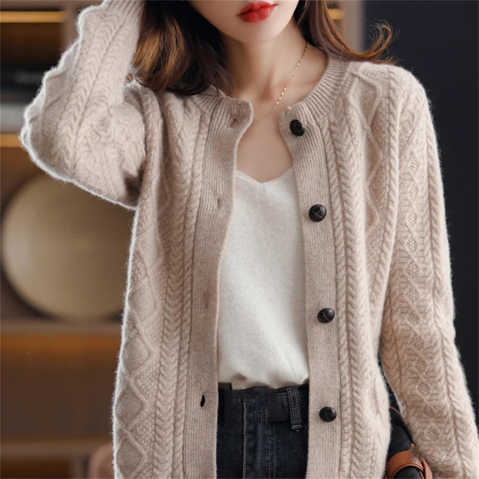 Cardigan da donna in cashmere, con scollo rotondo, lavorato a maglia, spesso e caldo
