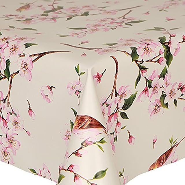PVC Tablecloth Birds 2 Metres (200cm x 140cm), Pretty Flowers Oriental Floral Twig Leaves, Pink Brown Latte Green, Wipe Clean, Vinyl/Plastic Table Cloth