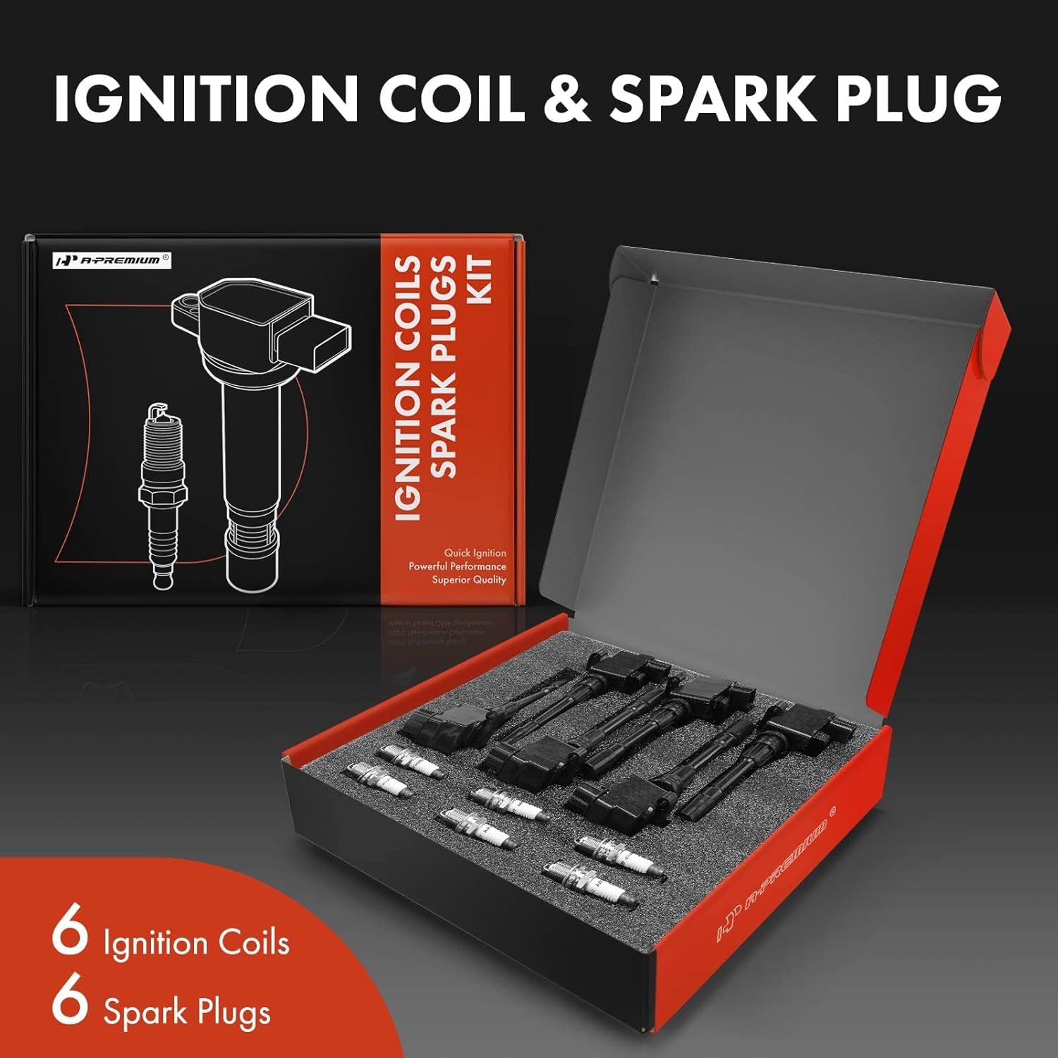 A-Premium Set of 6 Ignition Coil Pack and Iridium Spark Plugs Compatible with Mazda Millenia 1995-2002, 2.3L