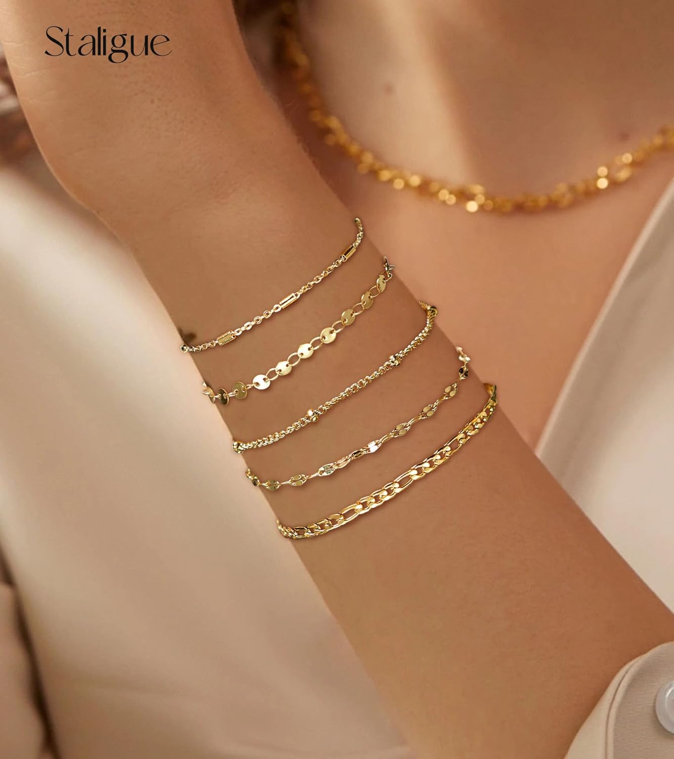 Staligue Gold Bracelets for Women,Waterproof Gold Bracelet Stack Set Dainty 18k Gold Plated Layered Gold Paperclip Link Tennis Chain Bracelet Pack Gifts for Women Girls Adjustable 6.5"+2" - Image 5
