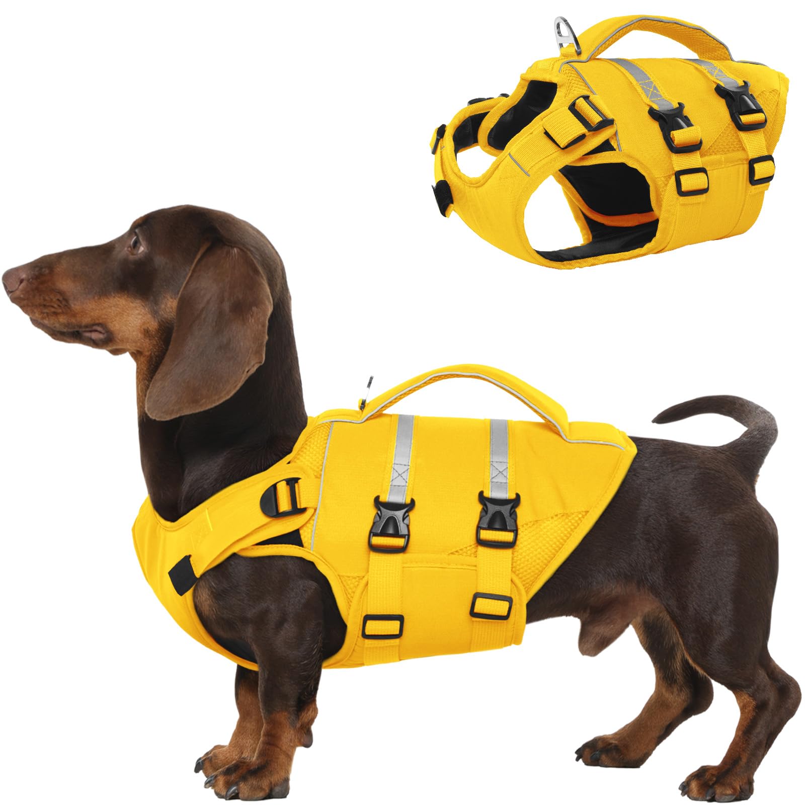 Kuoser Schwimmweste Hund, Rettungswesten für Hunde Schwimmweste mit Griff und Reflektierend, Verstellbar Hundeschwimmweste, Schwimmweste für Kleine Hunde mit Verbesserter Auftrieb