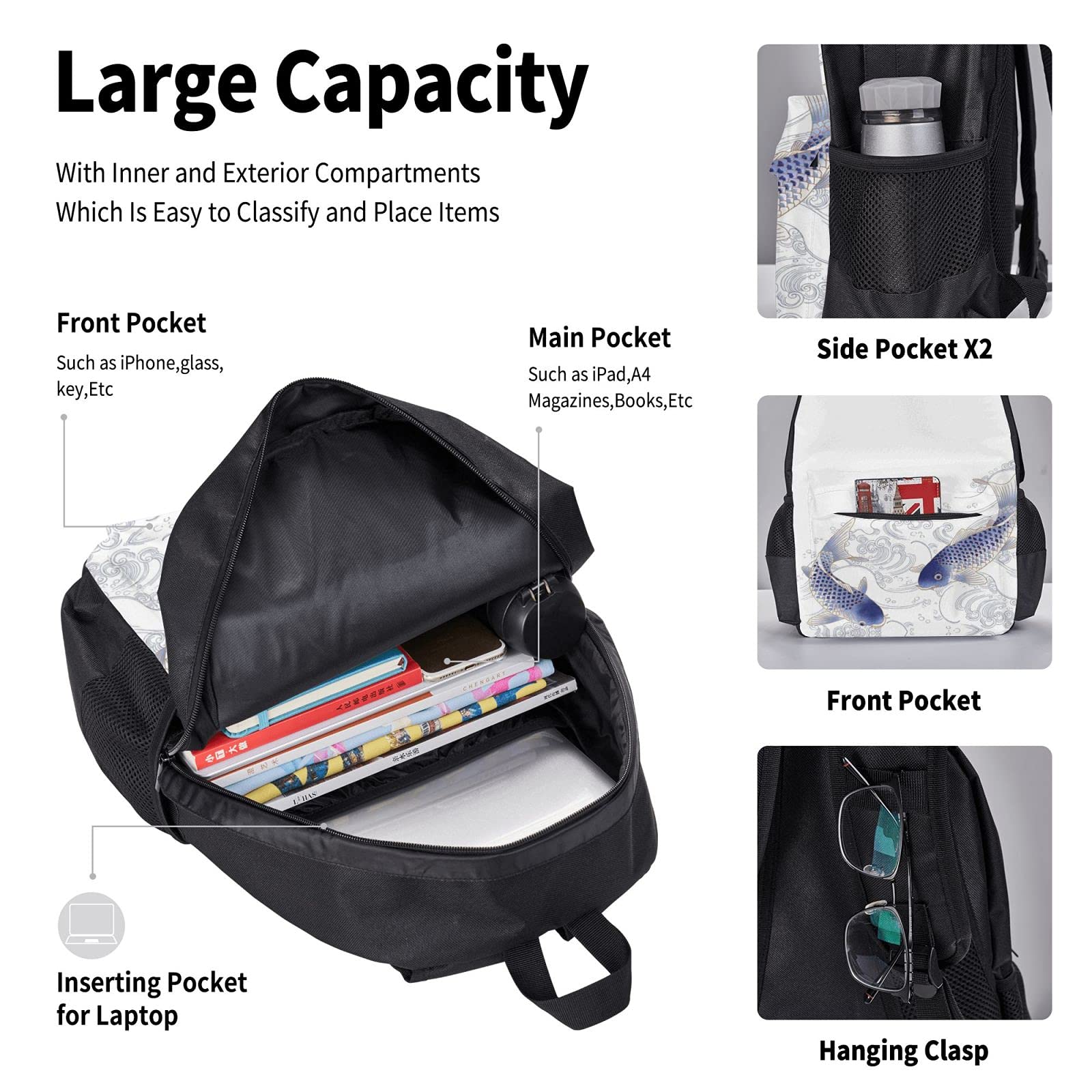 Carpa da nuoto Zaino scolastico in tre pezzi per ragazze e adolescenti (combinazione borsa scuola + astuccio + borsa pranzo)