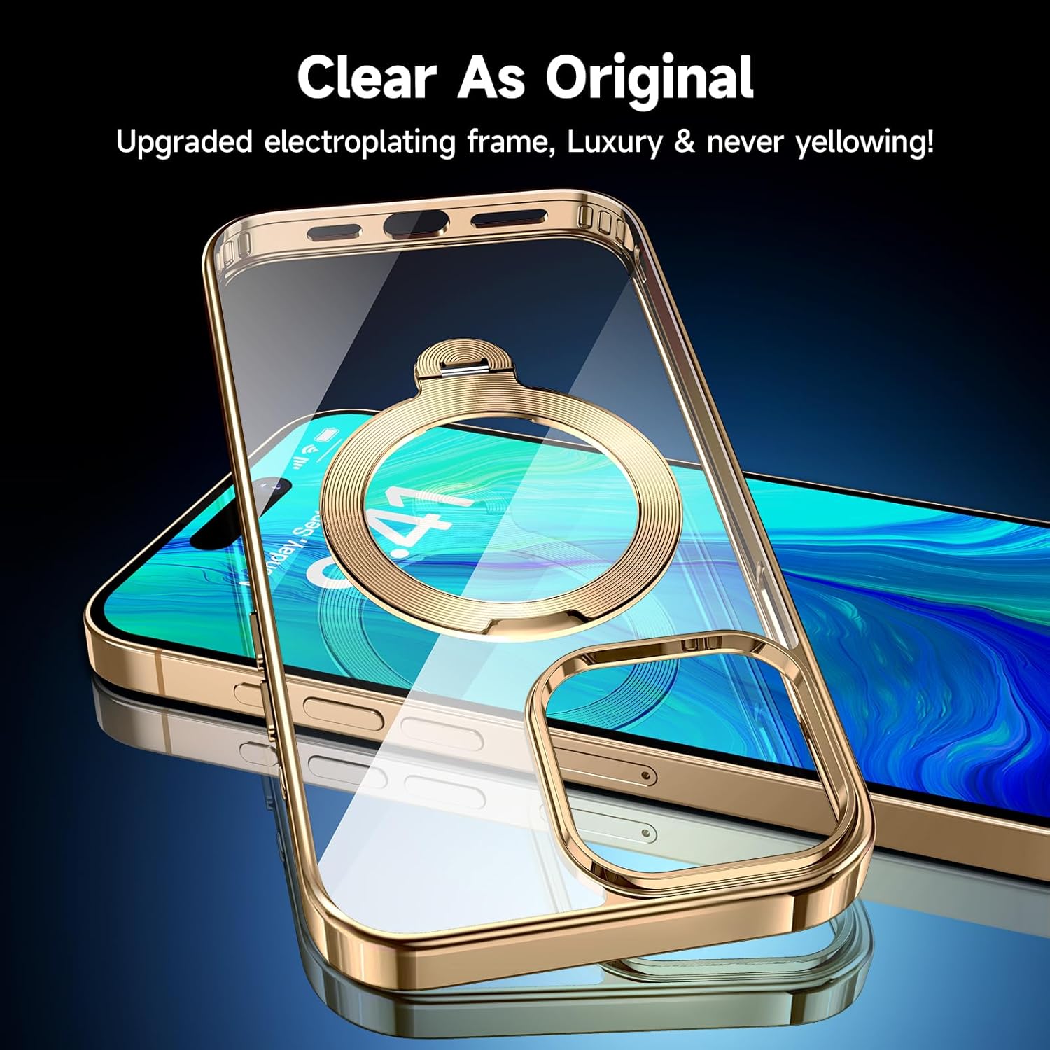 [Tri-Shield Protection] for iPhone 14 Pro Max Case with 360° Spin Stand Compatible with MagSafe [Magnetic CD Ring] [Screen & Camera Lens Protector] Shockproof Plating Never-Yellowing, Gold-6.7"