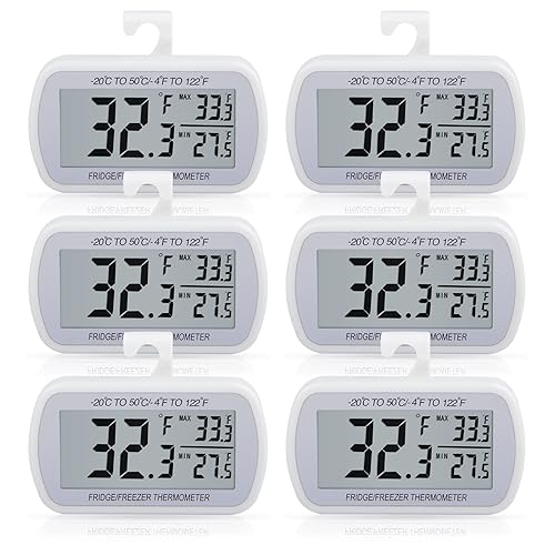 AEVETE Paquete de 6 termómetros digitales impermeables para refrigerador LCD grande, termómetro de habitación con parte trasera magnética, sin