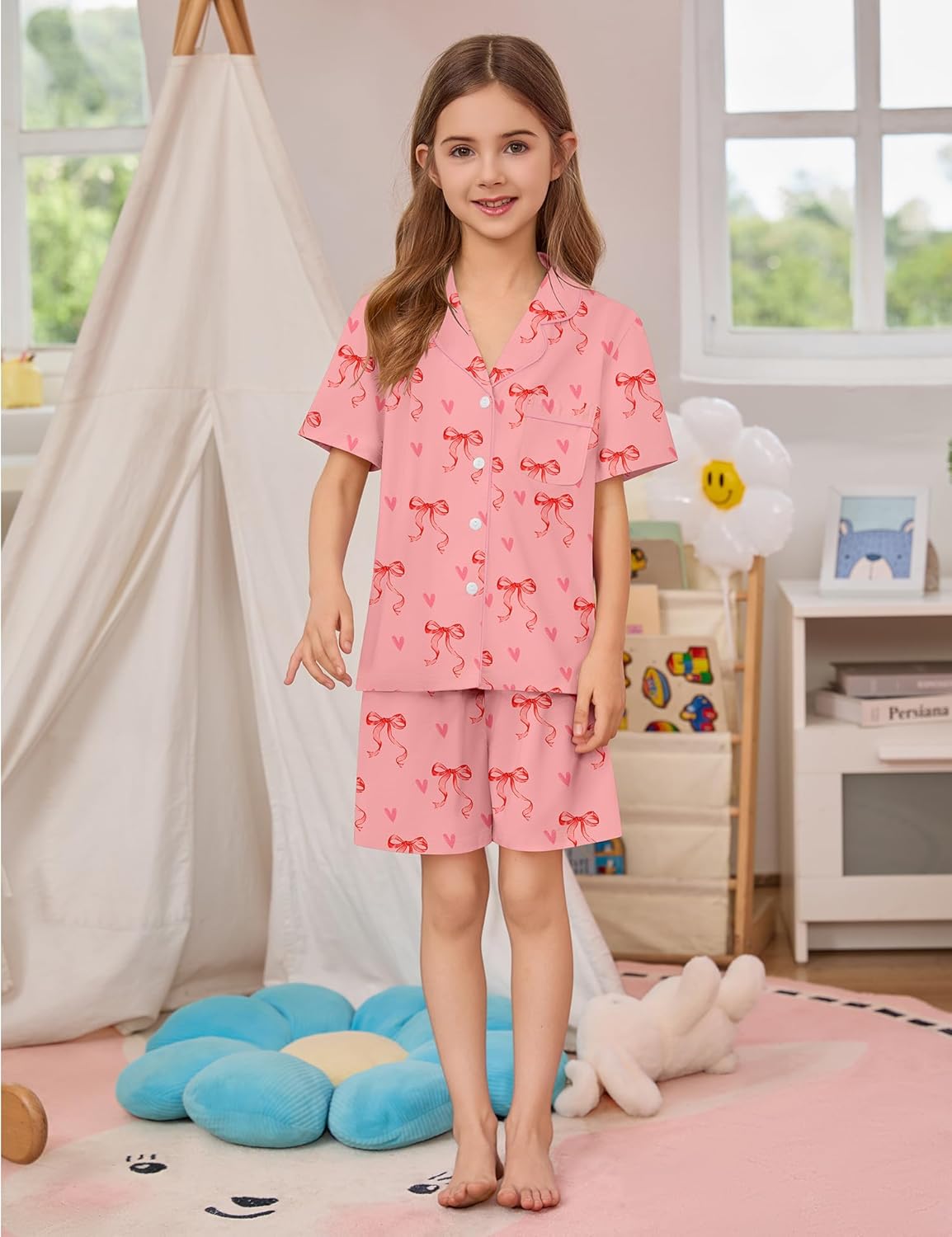 SWOMOG Kids Pajamas Sets 3PCS Short Sleeve Long Pants with Shorts Girls Boys Button Down PJS Cute Loungewear for 4T-15Years, - Image 2