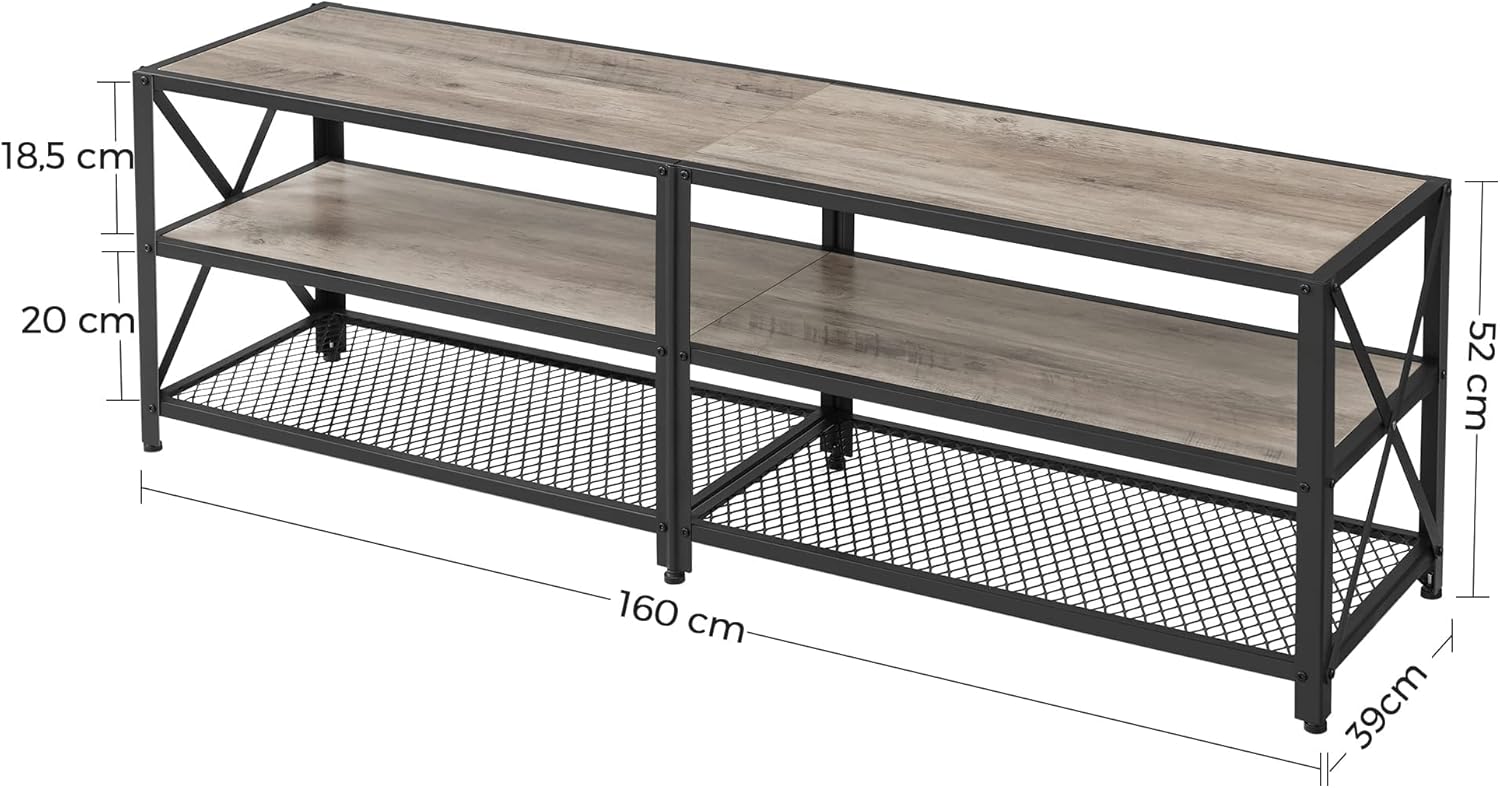 Diagram showing the dimensions of the VASAGLE TV Stand LTV095B02: 160 cm length, 39 cm width, 52 cm height, with shelf heights of 18.5 cm and 20 cm.