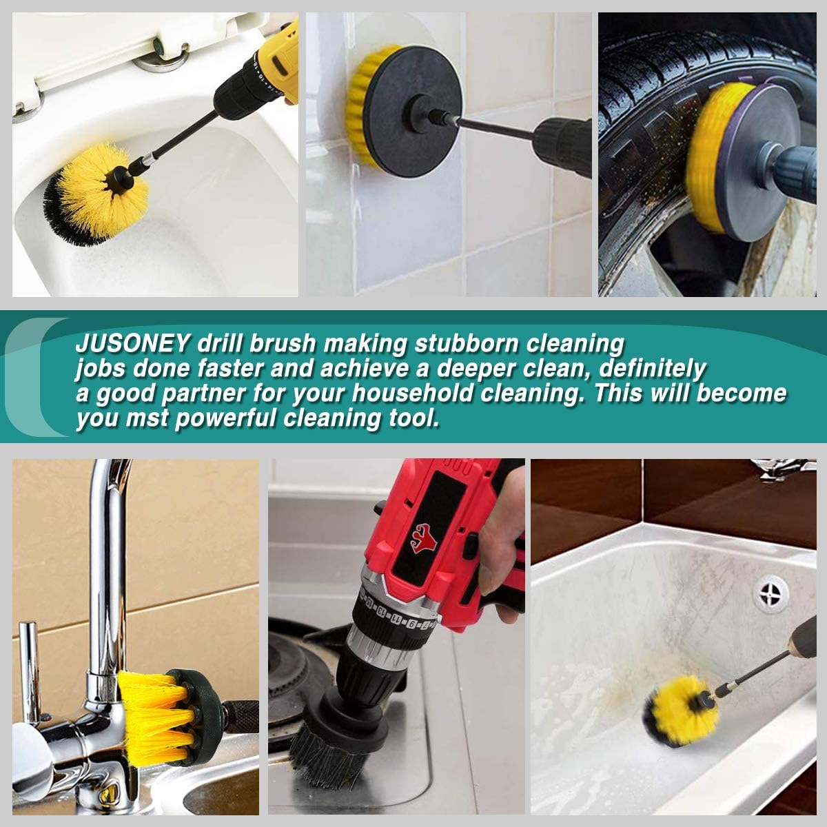 JUSONEY 5 Pack All Purpose Drill Brush Attachment Set- Drifferent Size and Hardness- Easy and Quick Cleaing- Drill for Cleaning Pool Tile, Sinks, Bathtub, Brick, Ceramic, Marble, Auto, Boat