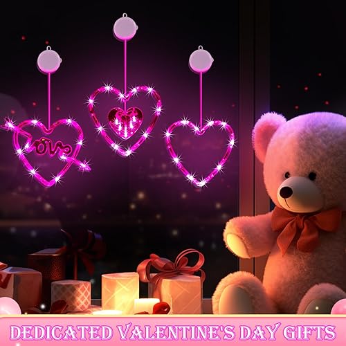 Miniatura 6 de Luces de ventana para el día de San Valentín, 3 tiras de luces colgantes en forma de corazón rojo y rosa con ventosa, decoración del día de San