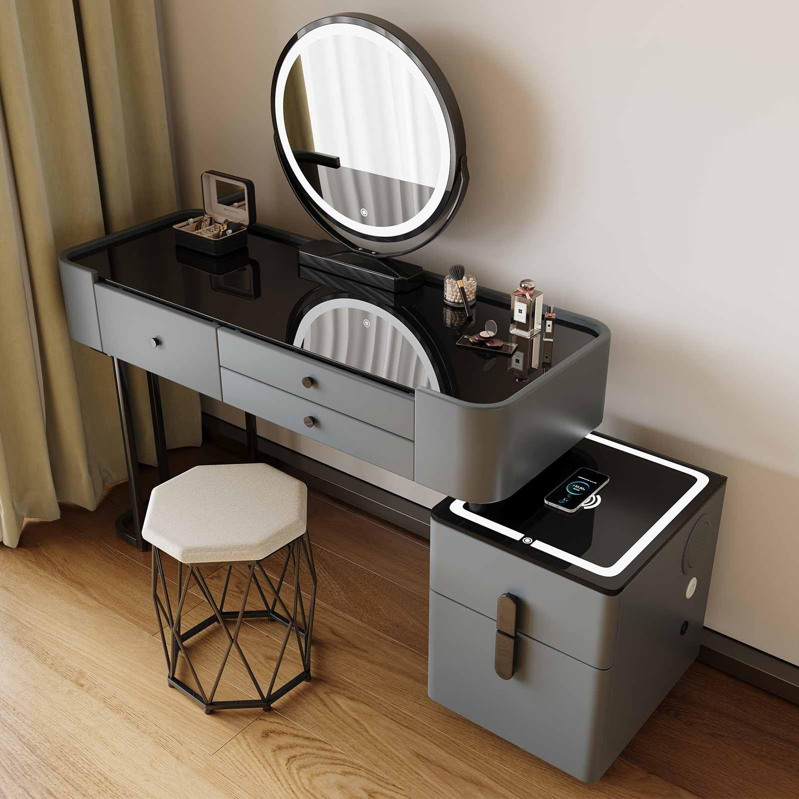 HSSTYLE Smart Dressing Table with Mirror and Lights, Wireless Charging, Bluetooth Speaker & USB Port, 5 Drawers, Reversible Side Cabinet, Stool Included, Vanity Table for Bedroom