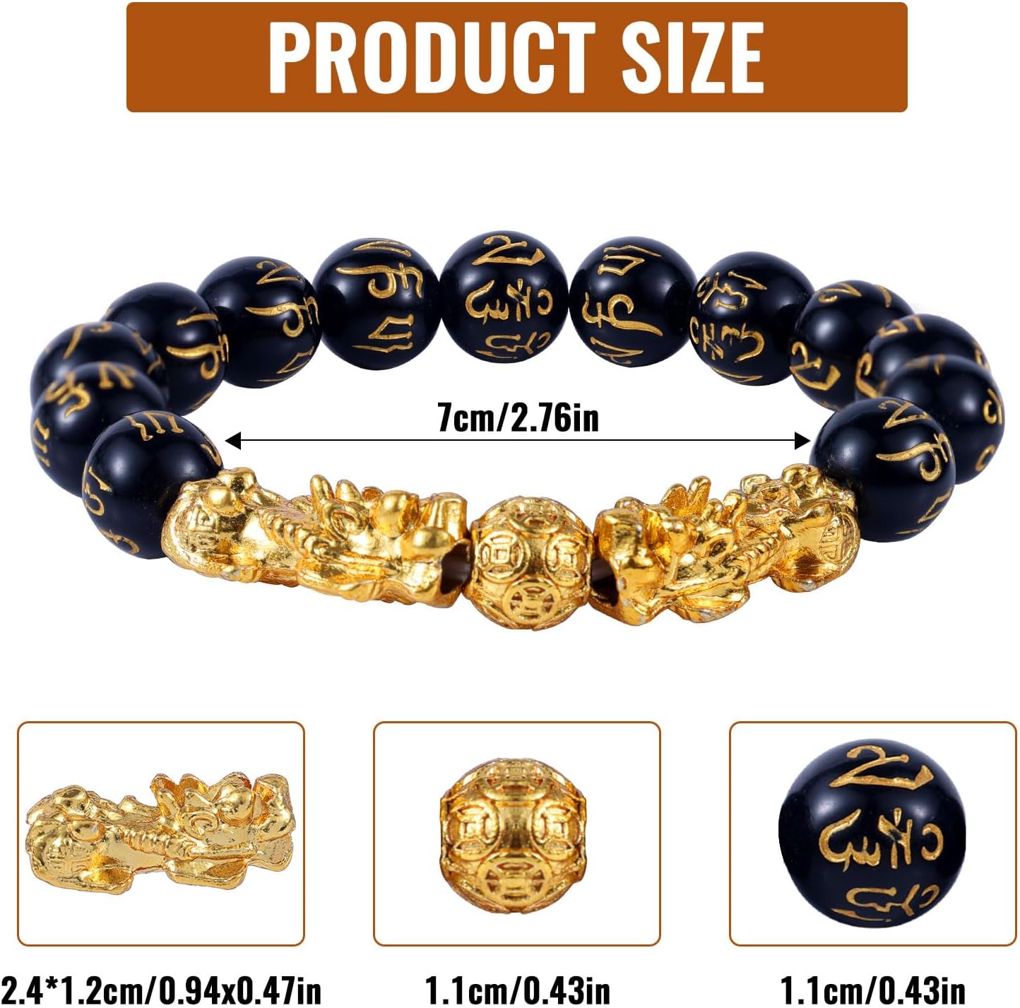 3pcs Wealth Bracelets, Imitation Obsidian Good Luck Bracelet with Chinese Mythical Beasts Charms for Protection Bring Luck & Wealth Gold and Black Beaded Jewelry Gift for Men Women - Image 2