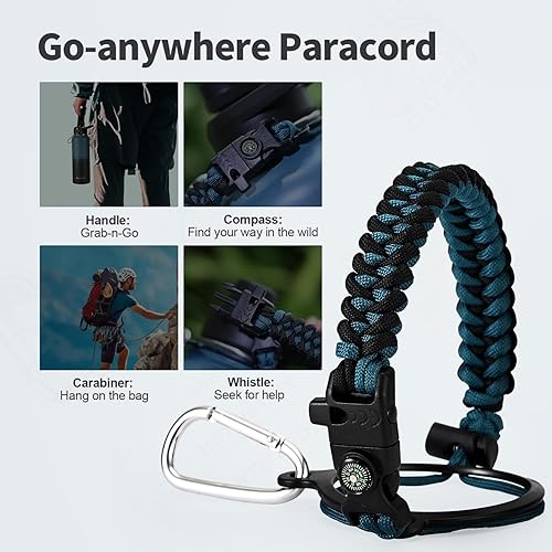 Miniatura 4 de Botella de agua tipo termo, aislamiento triple pared al vacío, acero inoxidable, asa cuerda de paracaídas, calcomanías, frío 48 horas, a prueba de