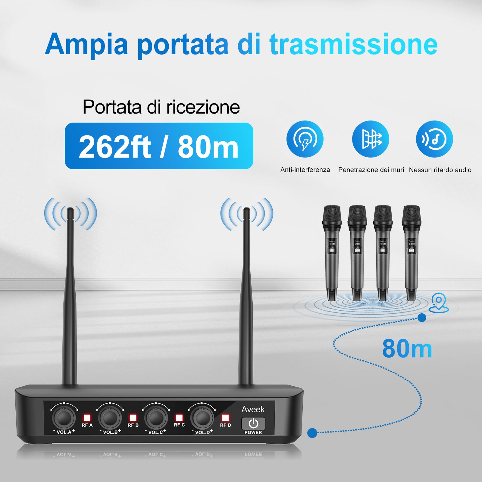 Sistema di microfoni wireless Aveek con 4 microfoni dinamici portatili, portata lunga di 80 m, batteria da 40 ore, suono da studio a bassa latenza per karaoke, canto, discorsi, chiesa, palcoscenico