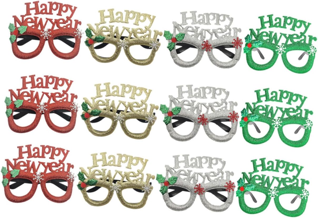 New Year Party Photo Prop Glasses 12pcs Multi-Color Decorative Frames Silver Gold Green Red Party Supplies Photobooth Accessories for Holiday Celebration
