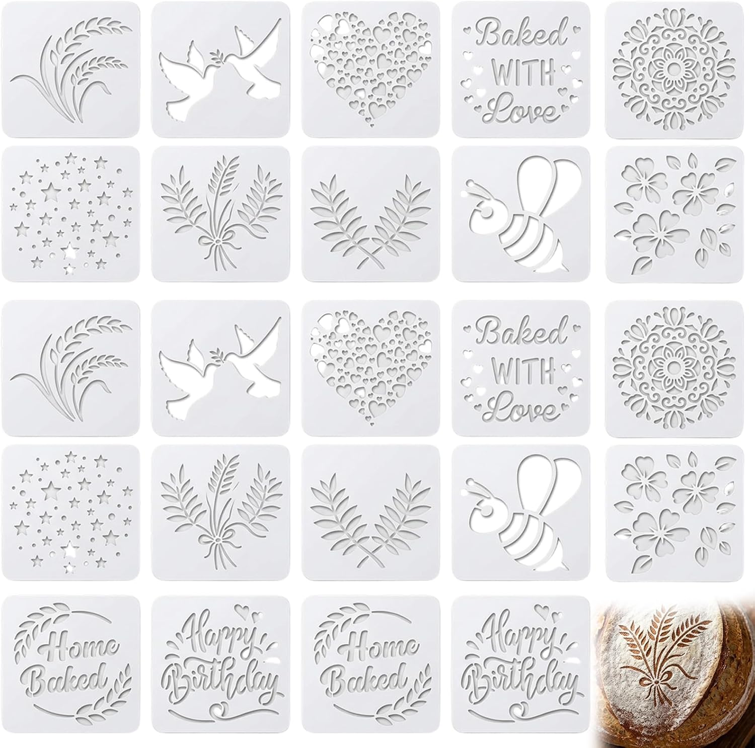 24PCS Cake Stencils, Sourdough Stencils for Buttercream, 24 Piece Reusable Baking Stencil Set, Professional Design Templates for Decorating Cakes, Breads and Pastries, Easy to Clean and Store