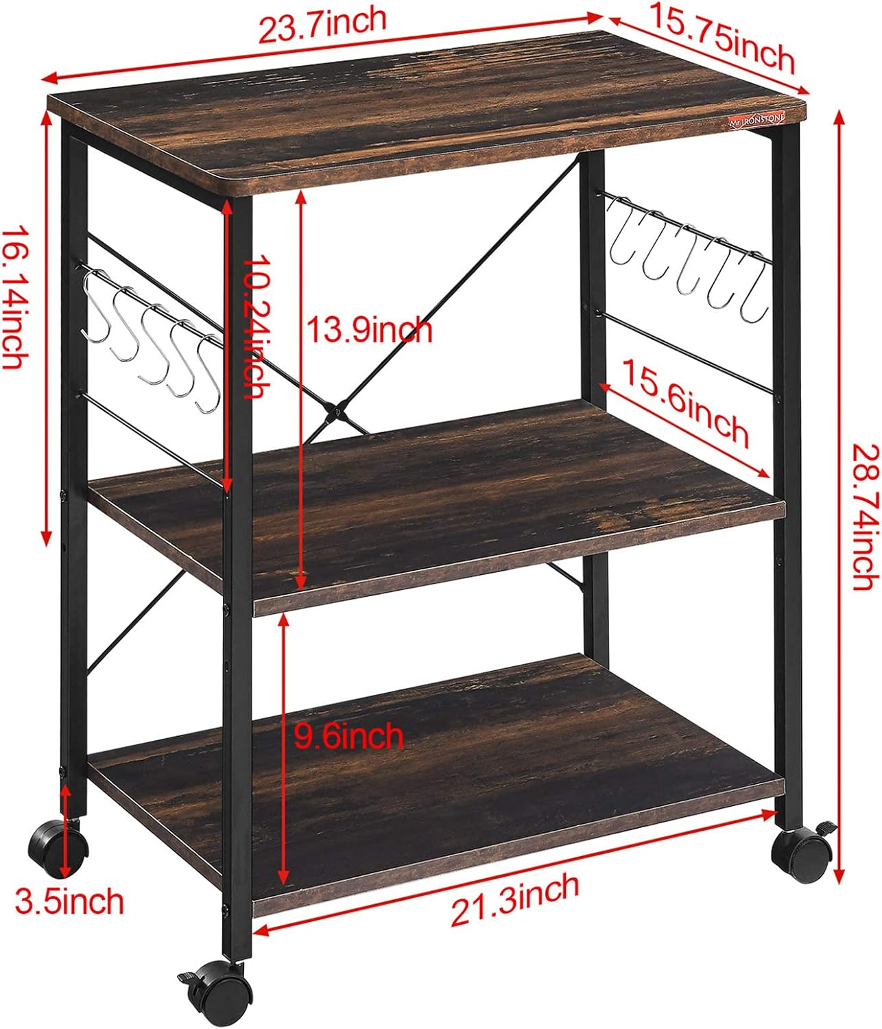 Mr IRONSTONE 3-Tier Kitchen Baker's Rack Utility Microwave Oven Stand Storage Cart Workstation Shelf (Charcoal Brown) - Standing Baker's Racks