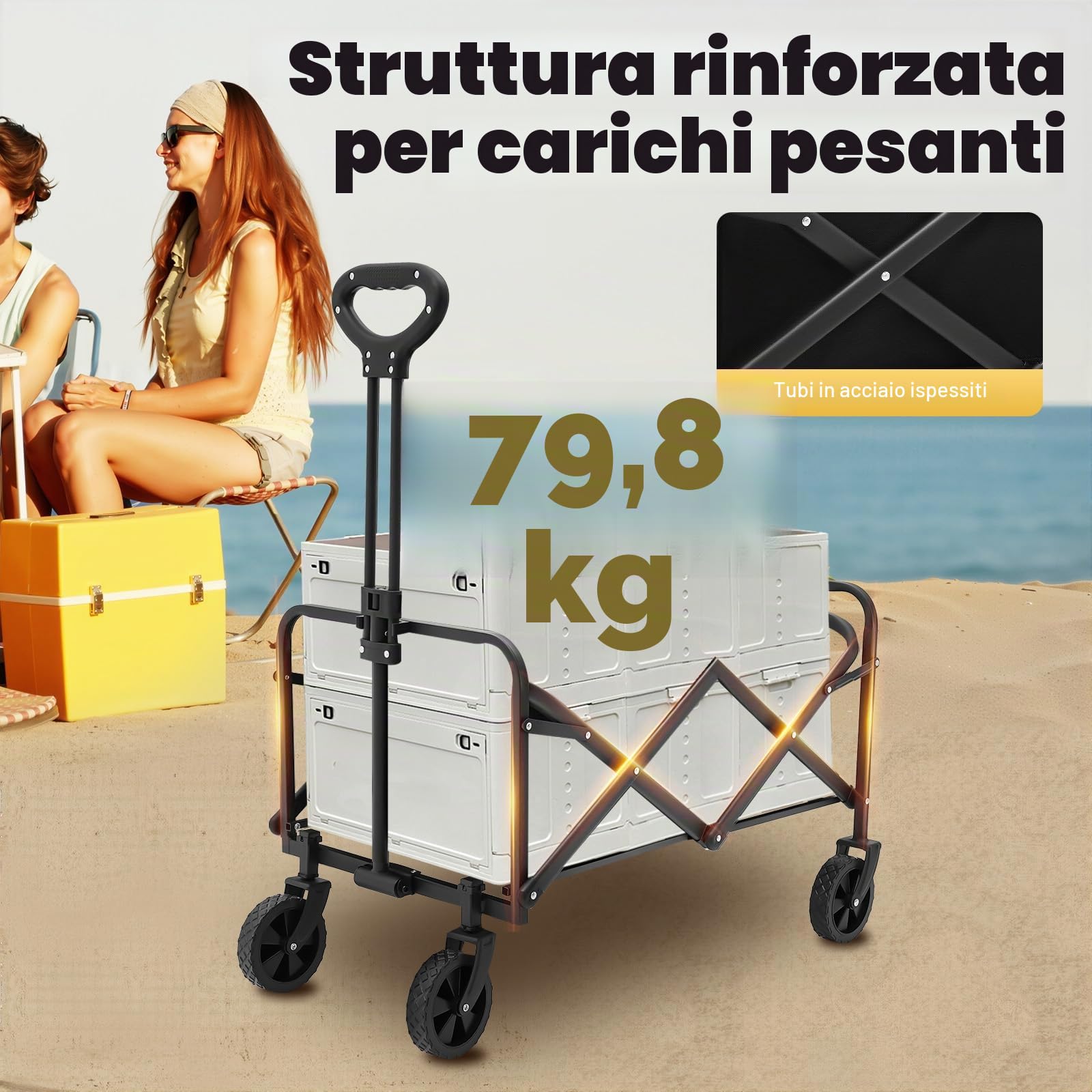 Carrello pieghevole con portabicchieri e maniglia regolabile, carrello pieghevole come carrello da trasporto e carrello da spiaggia per esterni, campeggio, shopping, giardino, portata 80 kg, nero