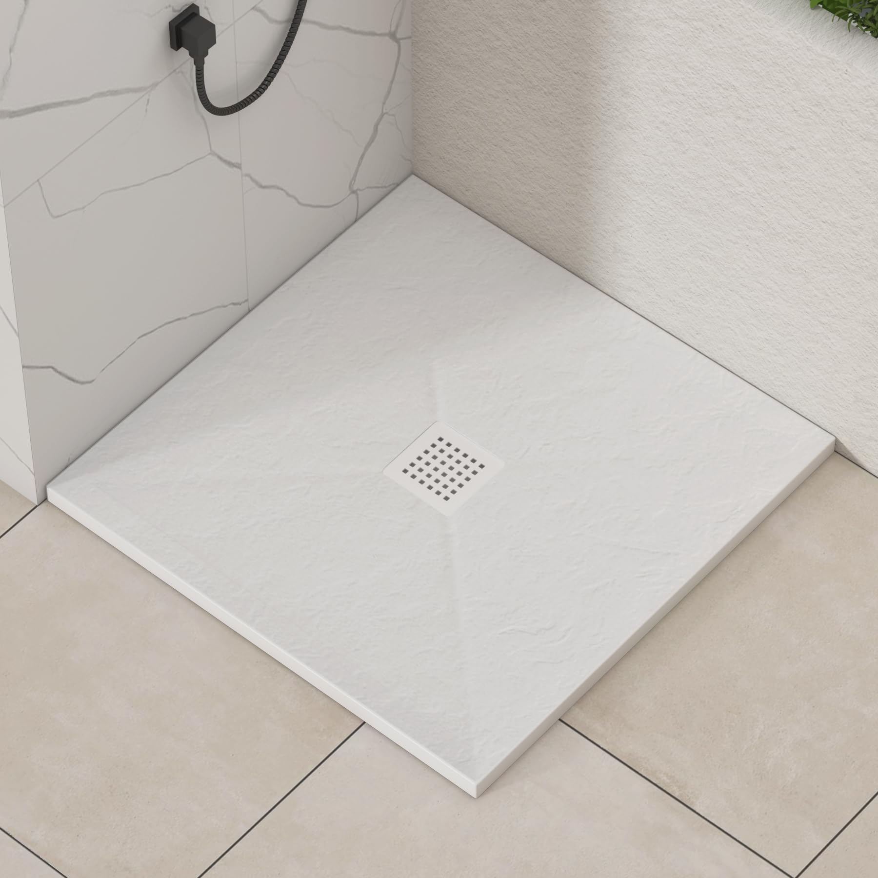 Luxor Square 800 x 800 x 30mm White Slate Effect Stone Shower Tray Slip-Resistance for Shower Enclosure with White Cover Grate