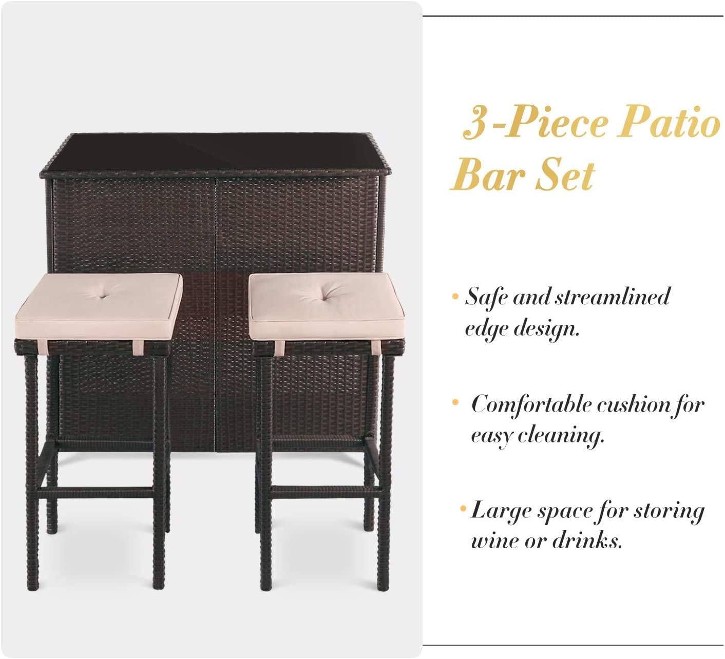 Cemeon Outdoor Bar 3-Piece Patio Bar Set with Two Stools and Glass Top Bar Table Brown Wicker Patio Furniture with Removable Cushions : Patio, Lawn & Garden