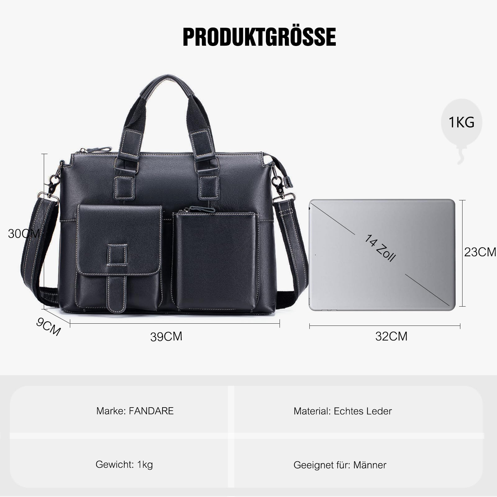 FANDARE Leder Aktentasche Herren Gelegenheitsgeschäft Dokumententasche Geschäftstasche Messenger Handtasche Mappe Aktenkoffer Umhängetasche für 14 Zoll Laptoptasche Henkeltasche für Arbeit Reisen