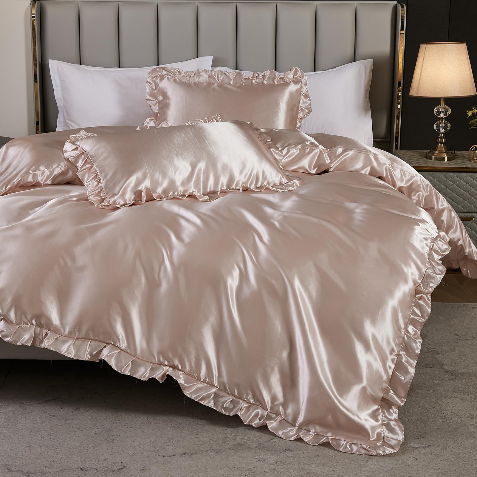 Herside Satin Duvet Cover Set King Champagne Pink Ruffle Bedding Silk like Satin Ruffled Fringe Silky Boho Bedding Sets 1 Duvet Cover 2 Pillowcases (Champagne Pink - Image 4