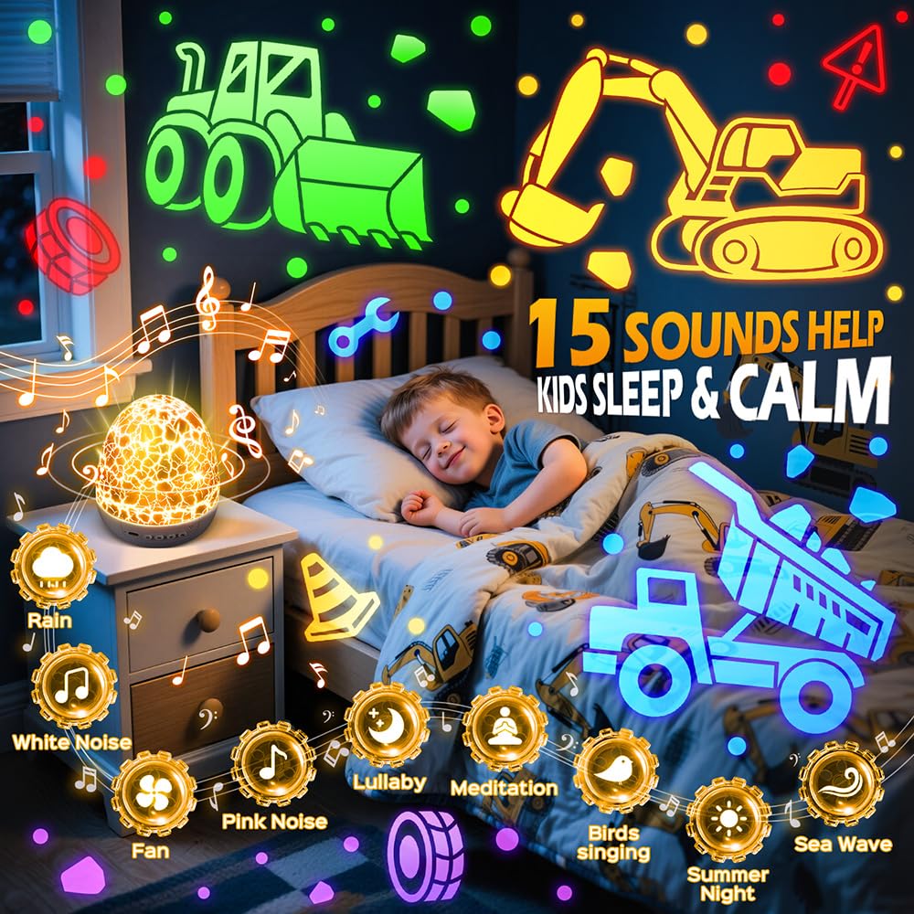Staryou Kinder Projektor Bagger Spielzeug Mit 3 LKW-Filmen & 186 Lichteffekten, Top Auto Spielzeug für junge LKW-Fans, Geschenke für 4 jährige jungen, Nachtlicht Kinder