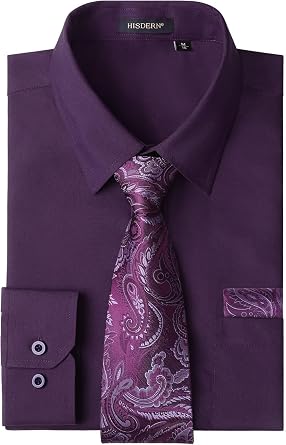 HISDERN Mens Dress Shirt with Tie Pocket Square Set Classic Button Down Shirt Matching Tie Long Sleeve Shirts