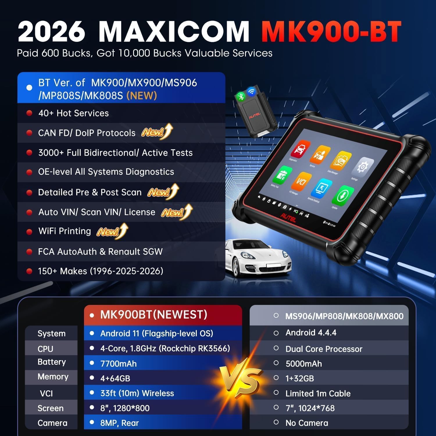 Autel Scanner MaxiCOM MK900BT, 2026 MK900-BT Bidirectional Diagnostic Scan Tool, 2.0 BT Ver. of MK900 MX900, 8in Up of MK808S MK808BT PRO MX808S MK808Z, 40+ Reset, 3K+ Active Tests, CAN FD & DoIP, FCA