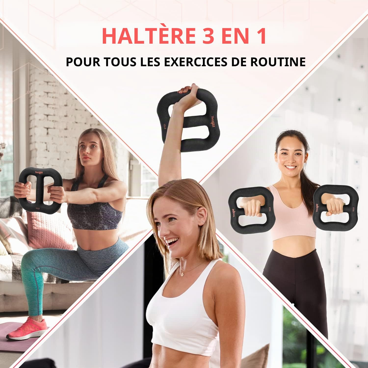Yes4All Haltère multifonction 3 en 1 en néoprène avec noyau solide, courbe ergonomique, Noir
