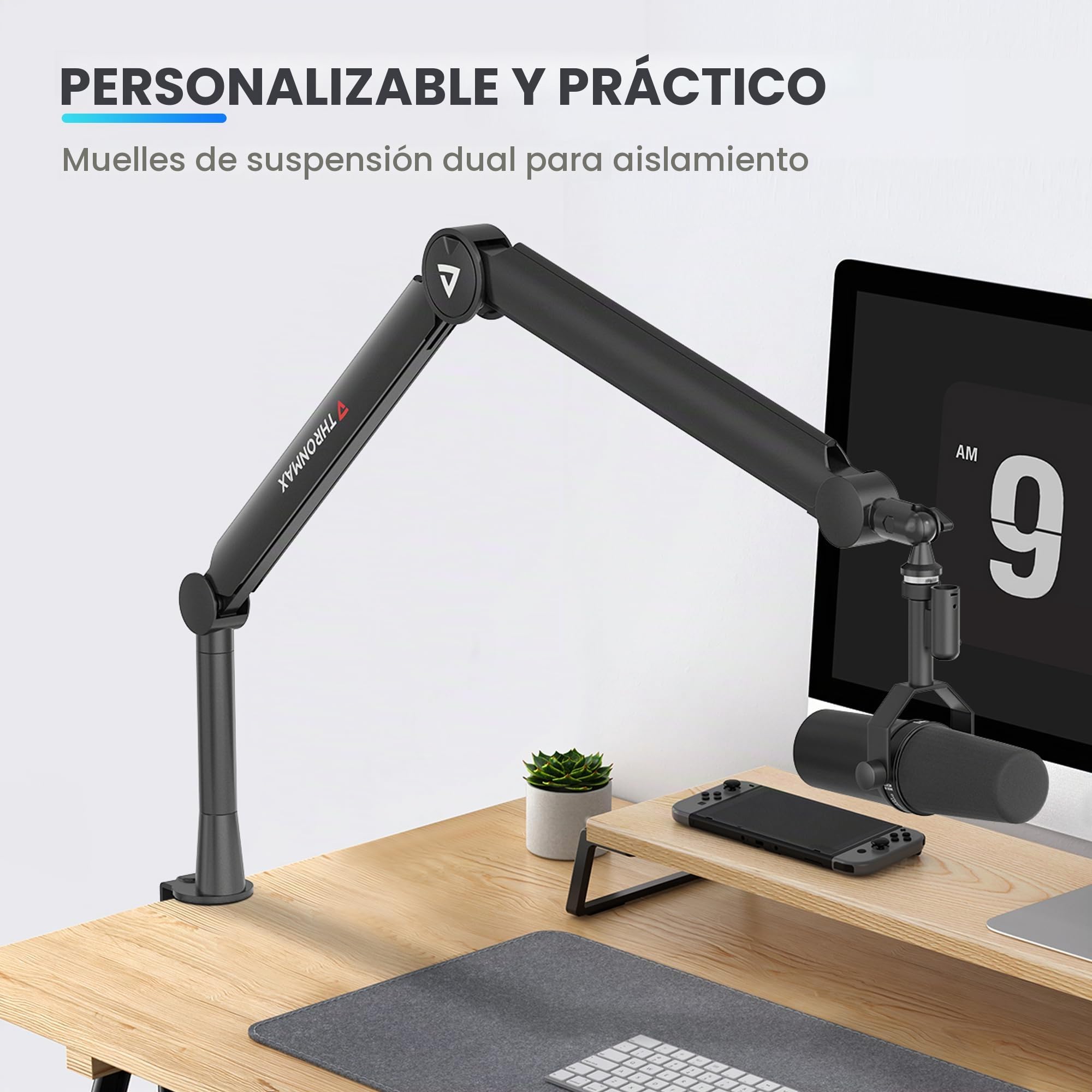 THRONMAX Twin-S8 Brazo de micrófono, Soporte de micrófono de tijera ajustable 360° con cable metálico robusto integrado para Blue Yeti, Elgato, Brazo boom Universal 1/4"，3/8" a 5/8" (Negro)