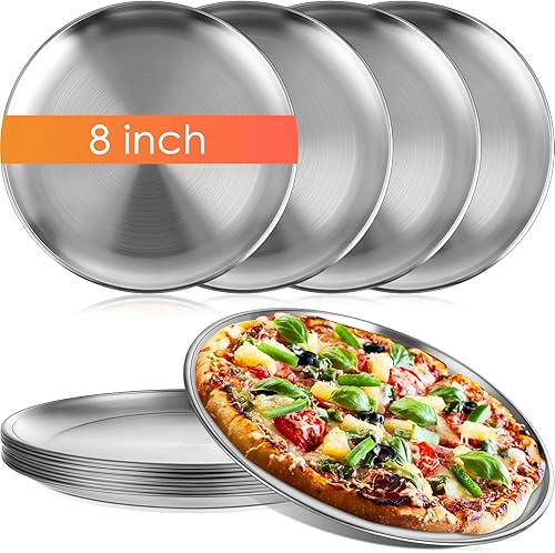 Miniatura 1 de Thenshop 8 moldes redondos de acero inoxidable para pizza, 8 pulgadas, libres de óxido, reutilizables, aptos para lavavajillas, ideales para