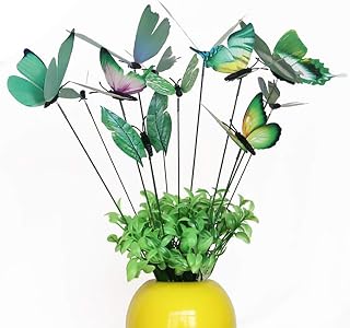 12PCS Butterfly Plant Garden Stakes 9.8 Inch PVC Butterflies Lawn Ornaments with Green Wings Artificial Waterproof Decorations for Flower Bouquet Yard Art Patio Flower Décor