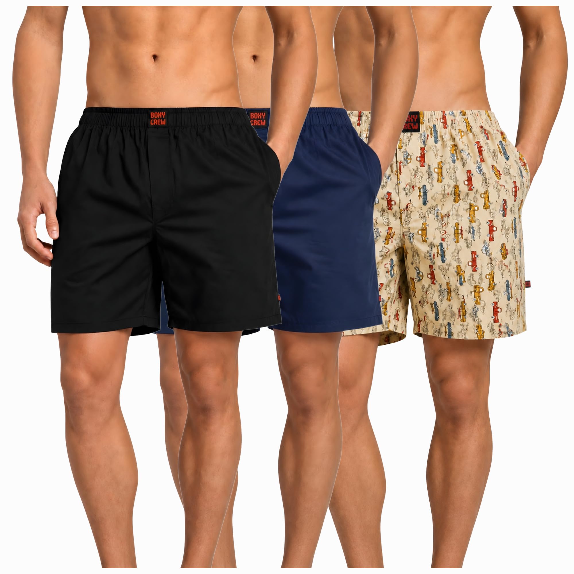 Men's 100% Cotton Boxer Shorts Pack of 3, Black, Navy Blue & Beige | Woven Boxers with Side Pockets, No-Marks Elastic Waistband, Breathable Relaxed Fit | Style 001-002-013-picture-21