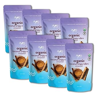 Cinnamon Coconut Crispy Rollers 2.8 oz bags Ava Organics - خالي من الغلوتين ، غير معدّل وراثيًا ، كوشر ، نباتي ومعتمد باليو محلى قليلاً Coconut Crisps Pack of 8