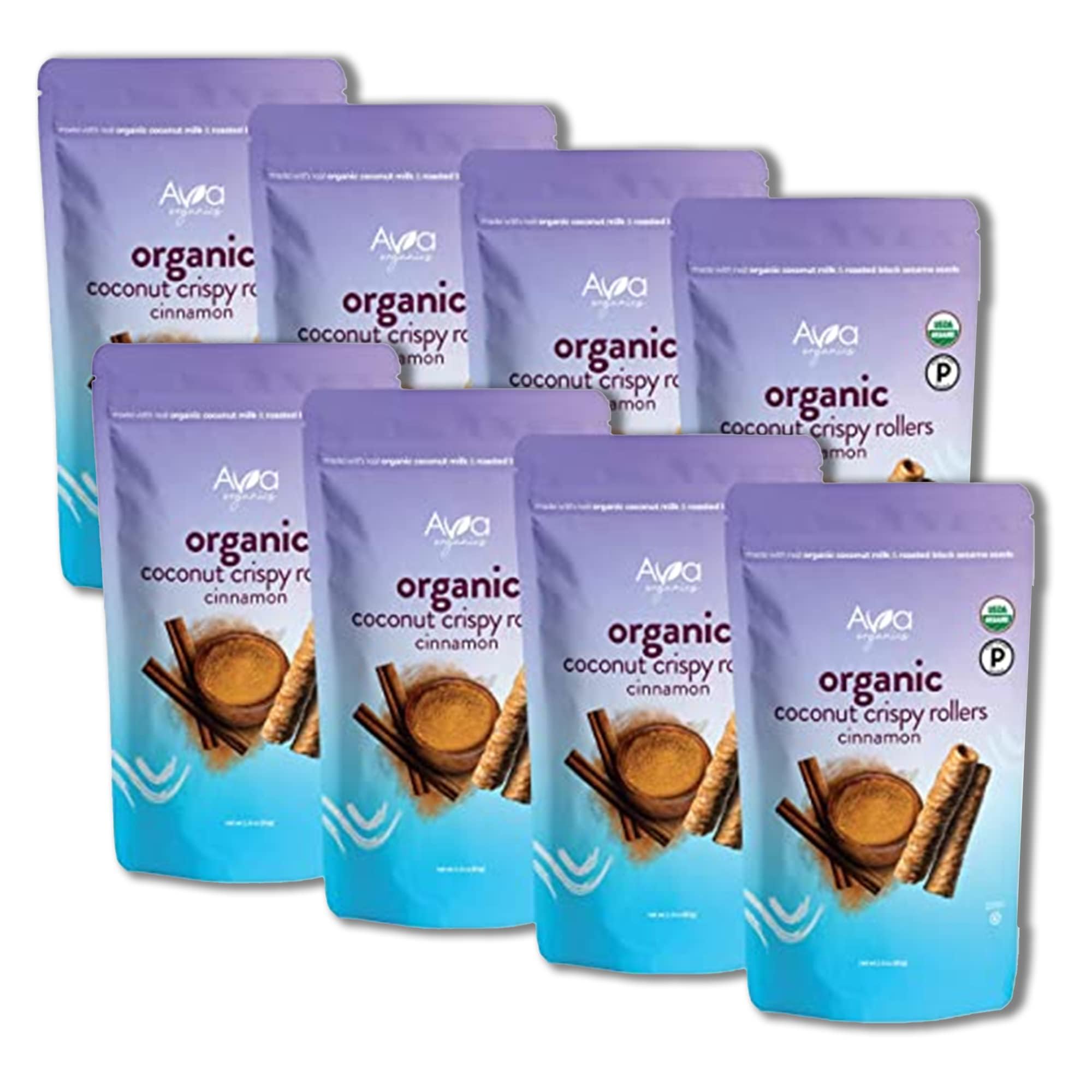 Cinnamon Coconut Crispy Rollers (2.8 oz bags) Ava Organics - Gluten Free, Non-GMO, Kosher, Vegetarian & Certified Paleo Lightly Sweetened Baked Coconut Crisps (Pack of 8)USDA Organic