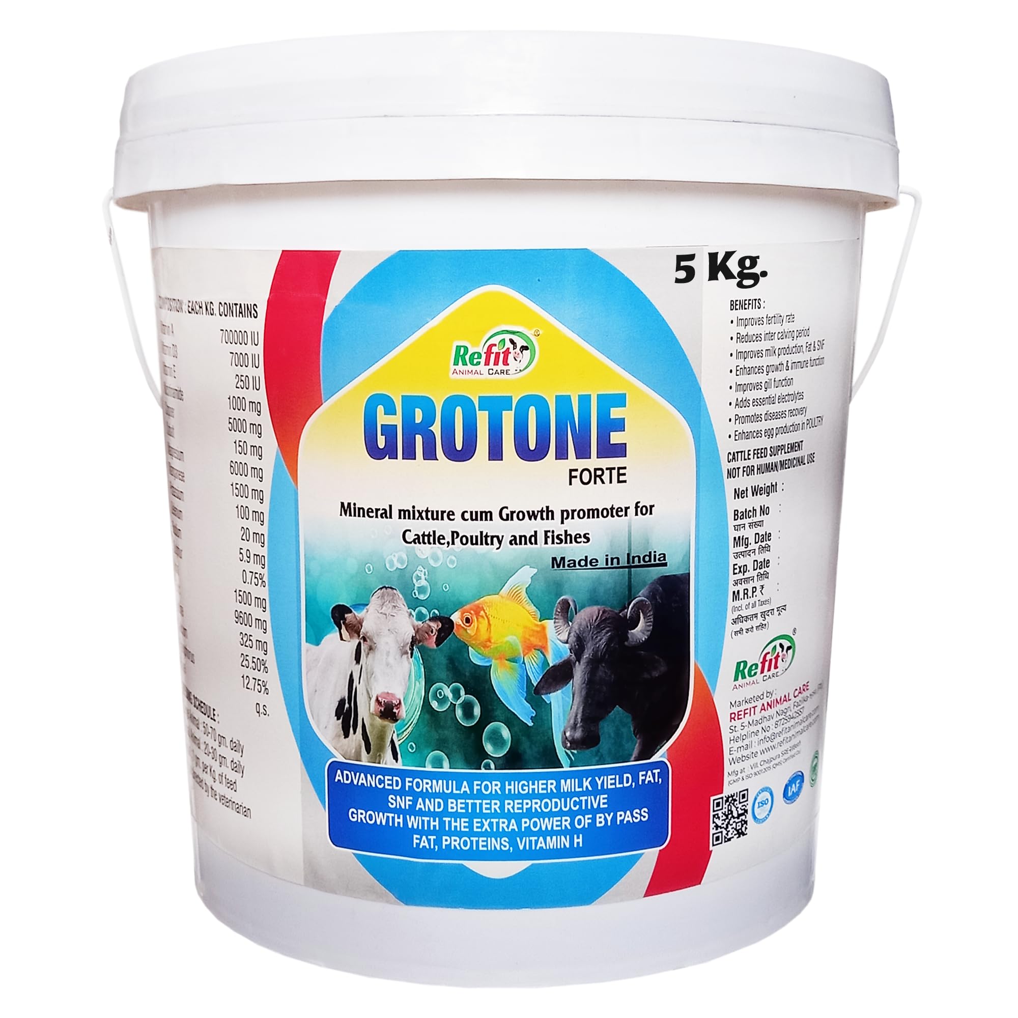 REFIT ANIMAL CARE Mineral Mixture Powder for Cow, Cattle, Poultry, Fish and Aqua, 5 kg, Grotone Forte