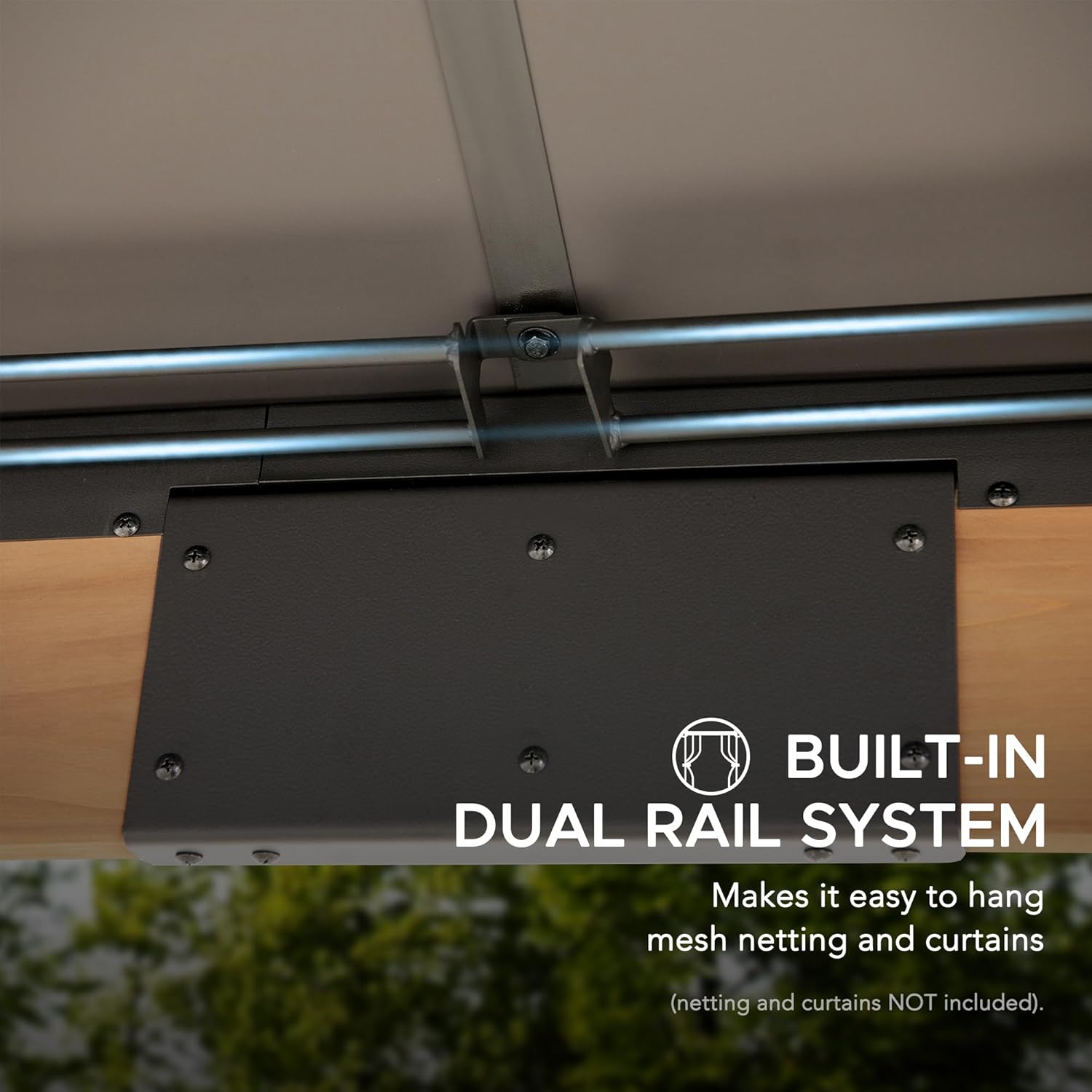 Detail of the built-in dual rail system for curtains or netting