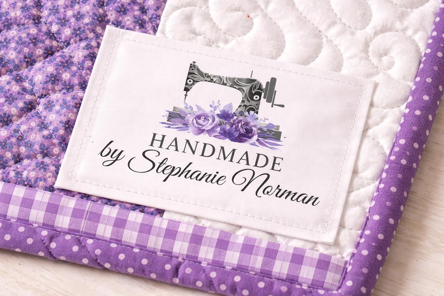 Personalized Handmade Quilt Label – Sewing Machine with Floral Design – Custom Name Quilt Tag – Cotton Sew-On Fabric Labels – 8 per Sheet