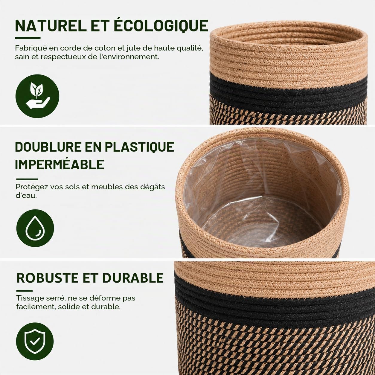 Pot de Fleurs de avec Doublure, Panier à Plantes d'intérieur en Tissu pour Pots à Fleurs de 23cm Corde de Coton Jute Pot à Plantes Décoration de la Maison