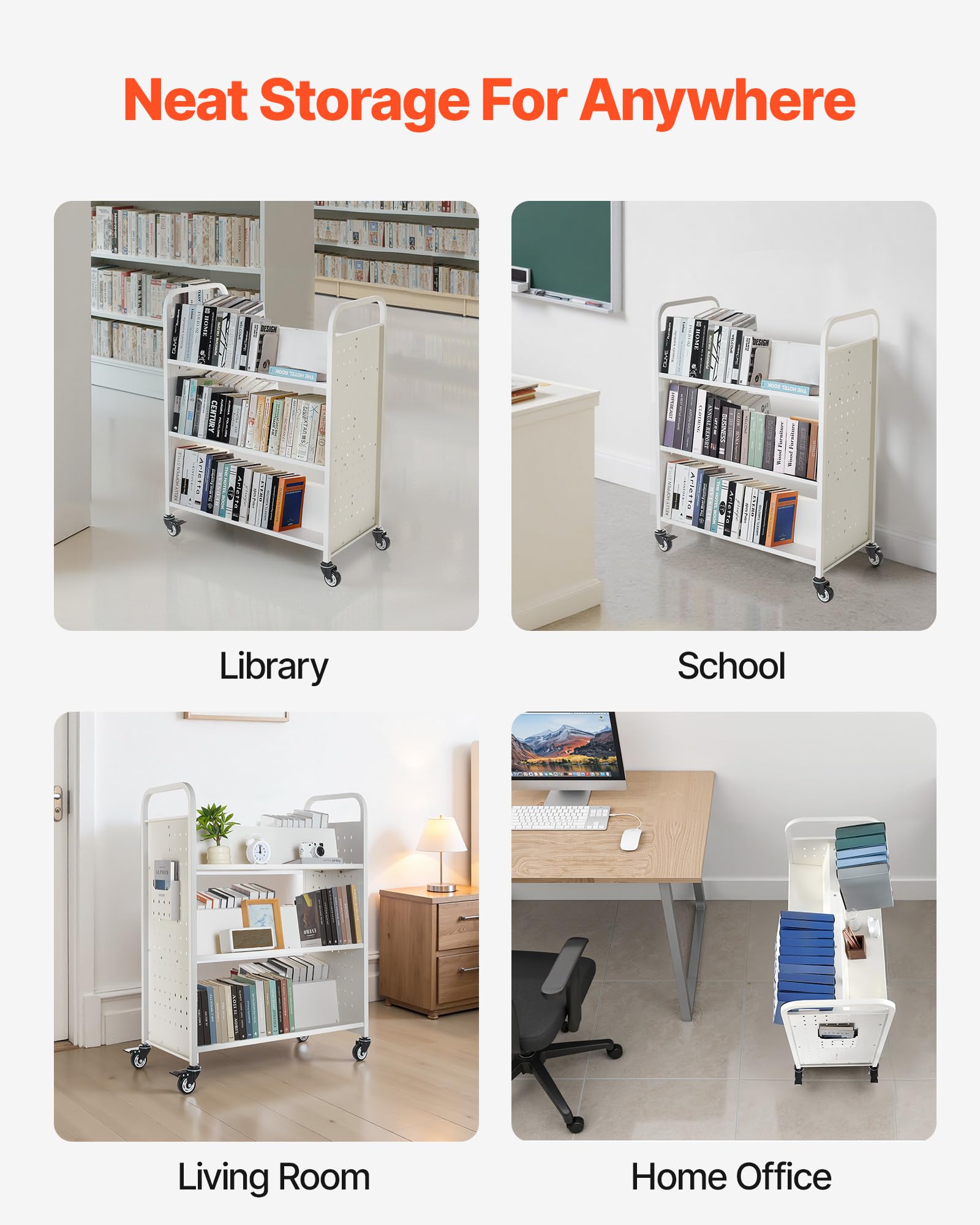 VEVOR Carro para Libros de 3 Niveles Estantería de Libros con Ruedas 97 x 51,5 x 122,5 cm Estante de Almacenamiento en Forma de W Doble Cara Carro Rodante para Biblioteca, Oficina, Escuela, Blanco
