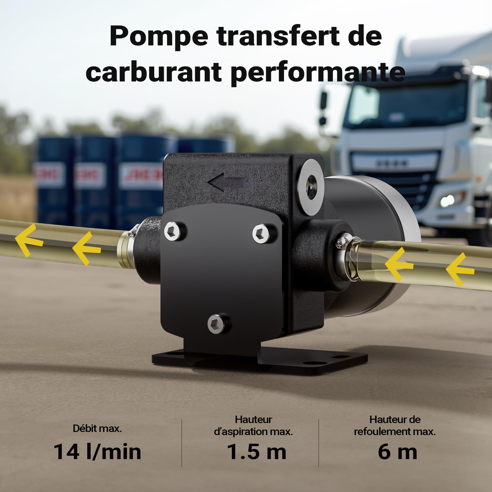 Wiltec Pompe de transfert essence et diesel – pompe 75 W – débit 14 l/min – refoulement max. 6 m, aspiration max. 1,5 m – Transvasement vide fût