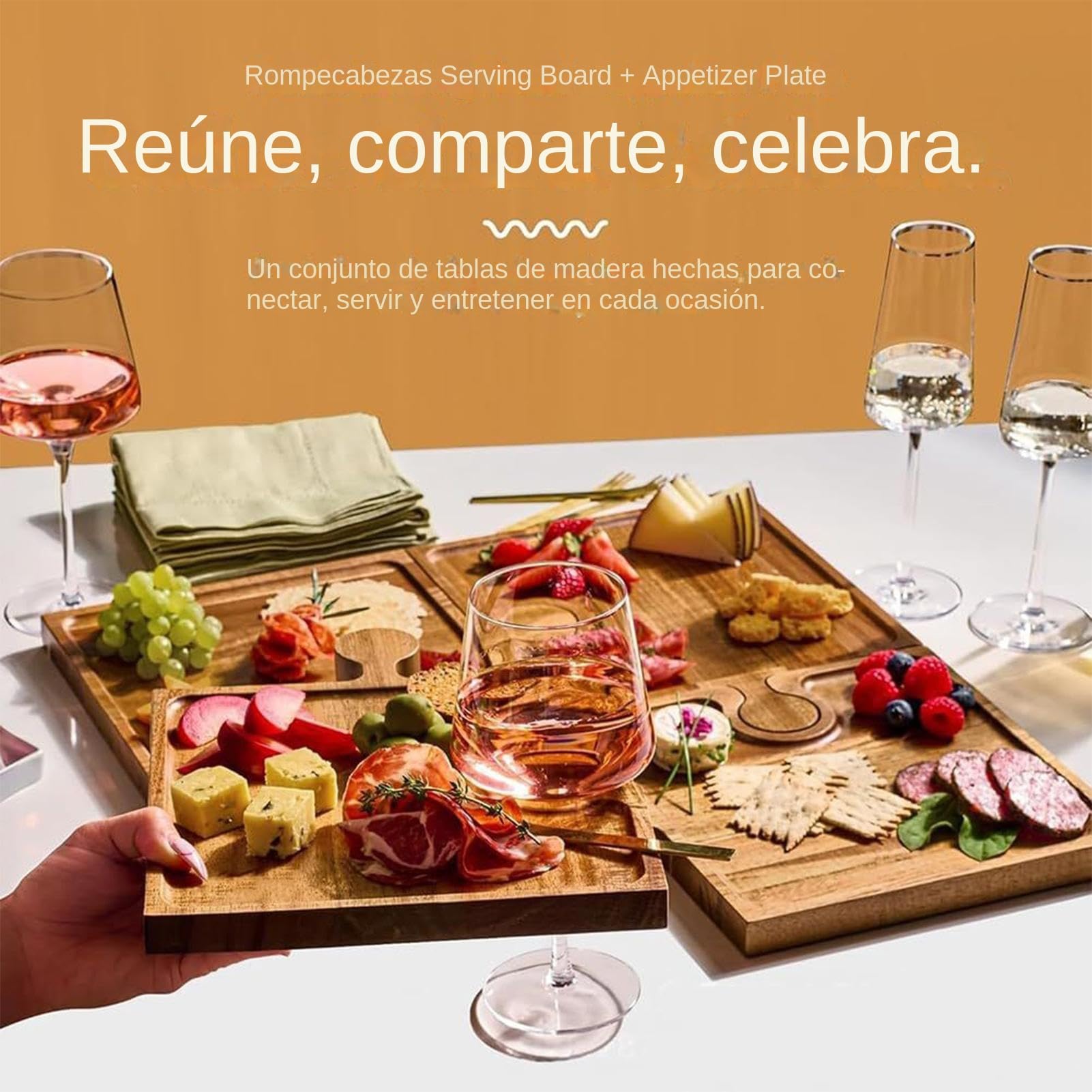 Bandejas De Servir para Fiesta - Presentación Moderna De Madera Tipo Puzzle - Tabla de Quesos y Embutidos con Asas | para Carne Fruta Queso Aperitivo Tarta Postre Cocina Hogar Mesa Fiesta