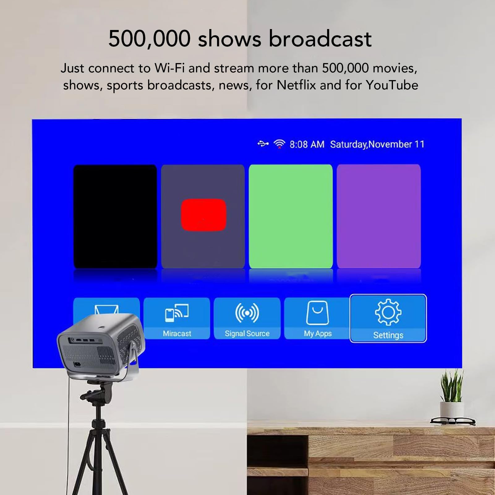 Proiettore 4K, Mini Proiettore con Messa a Fuoco Elettrica Bluetooth WiFi 1080P, Videoproiettore da Soffitto Orientabile a 360° per Android TV 11.0 per la Casa (Spina UE 100‑240 V)