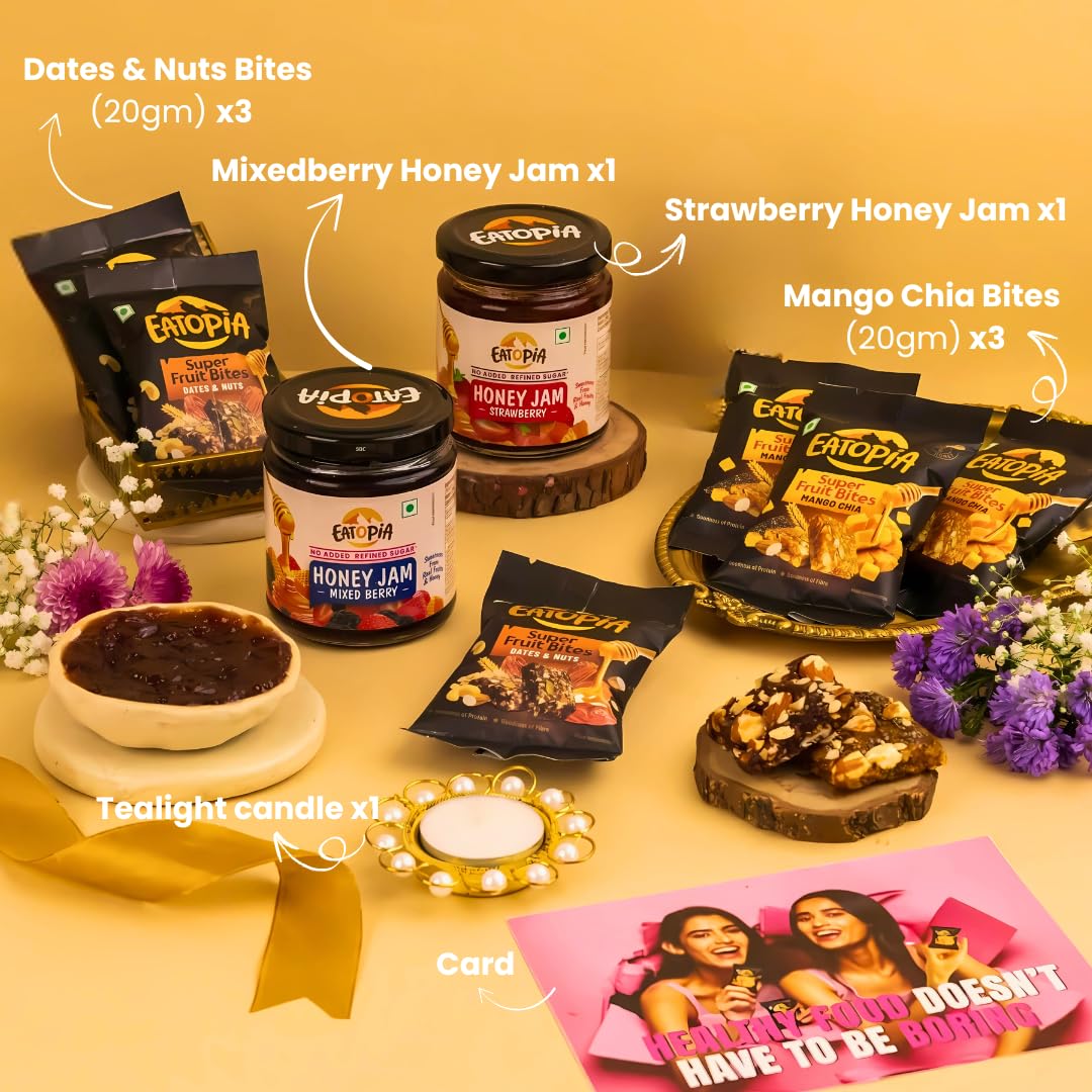 Eatopia Premium Healthy Snacks Combo Gift Hamper | Strawberry Honey Jam | Mixed Berry Honey Jam | 3 Dates & Nuts Fruit Bites and 3 Mango Chia Fruit Bites | Gift Hamper Box for Men & Women | 10 Items 1