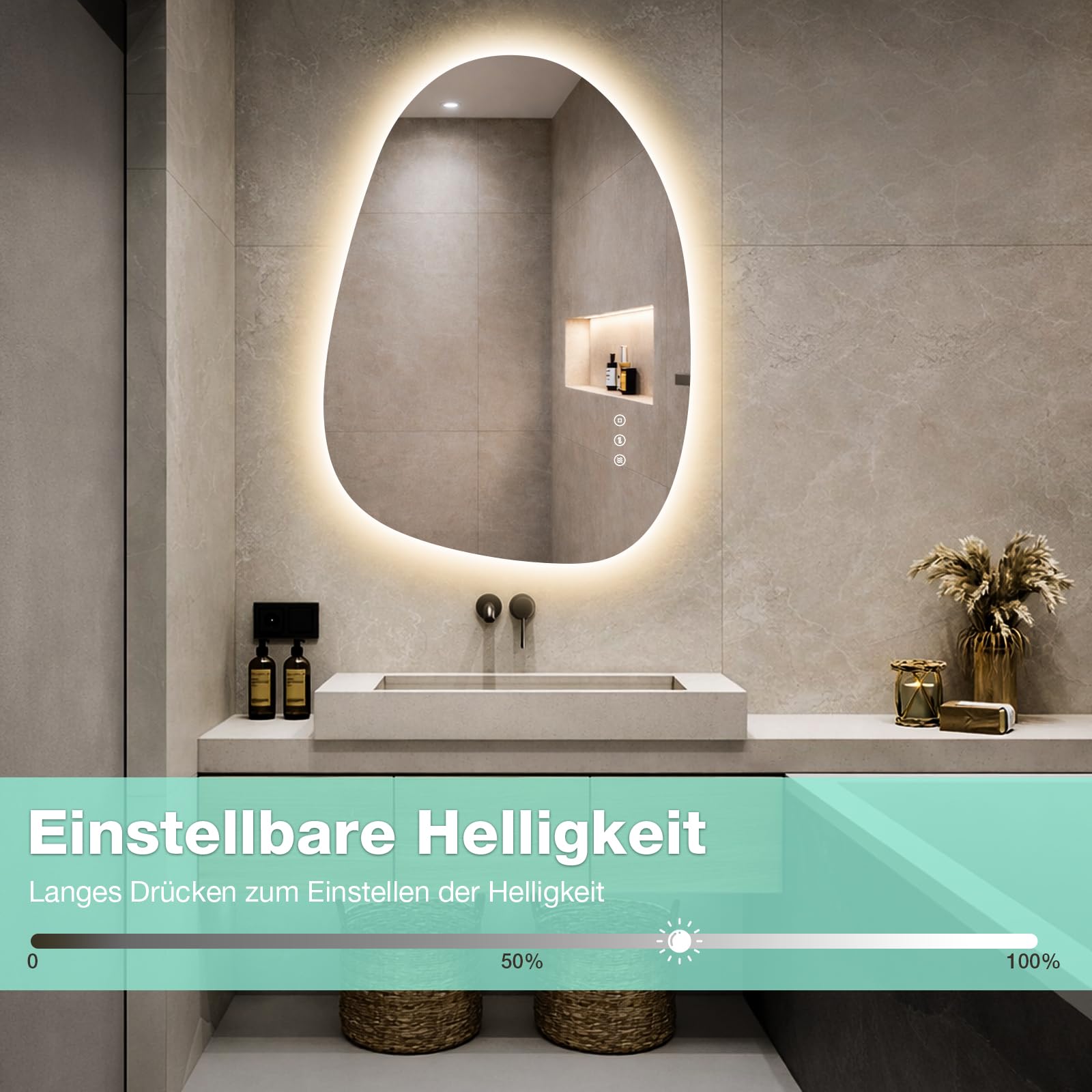 Badezimmer Spiegel mit Beleuchtung 83 × 60 cm, 3 Lichtfarben, Dimmbar, Antibeschlag, Asymmetrischer Spiegel mit Beleuchtung, Touch-Schalter, Memory-Funktion Horizontal/Vertikal
