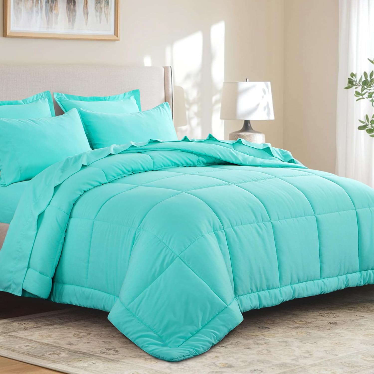 RUIKASI Queen Comforter Set - 7 Pieces Bed in a Bag Aqua All Season Queen Bedding Set with Comforter, Pillow Shams, Flat Sheet, Fitted Sheet and Pillowcases
